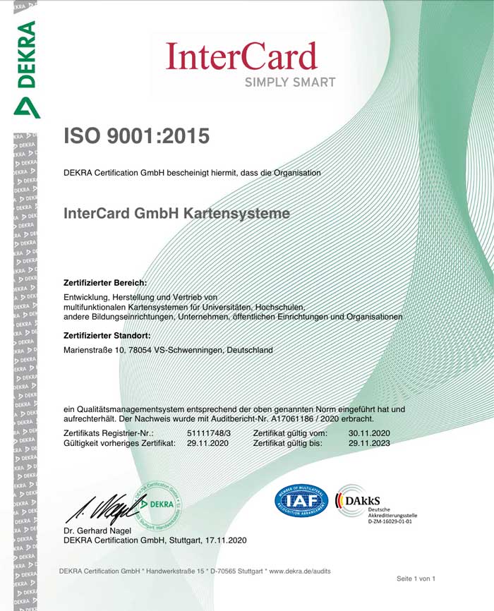 Zertifikat ISO 9001:2015 InterCard GmbH Kartensysteme
